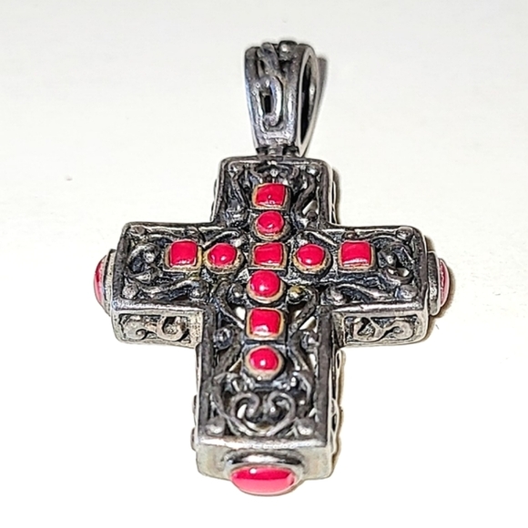 925 RED CORAL CROSS PENDANT - STERLING SILVER ORNATE FILIGREE - Picture 6 of 6